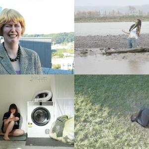 Four images of Fantasing each consume one-quarter of the image, depicting the band members: crying in a wig, kneeling screaming on a river bank, holding a lighter sitting by a machine, curled up in a dirt hole in a park.