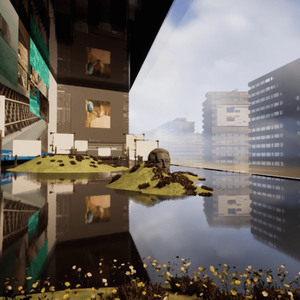 A computer-generated landscape shows fragments of a cityscape, a swamp with disjointed concrete sculptural figures floating within it, billboards displaying screenshots.