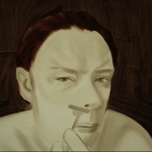 A watercolour portrait of a person shaving their face glancing into the mirror