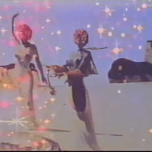 Overlaid VHS footage of two figures with rose's for heads hover on a beach are glittering intensely