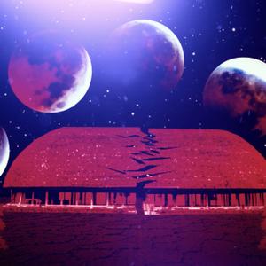 An animated rendering of moons rising over a Sāmoan fale
