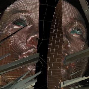 A digitally constructed image of a face with strips of abstract imagery splitting the face in two, and shards of metallic objects at bottom left and right.