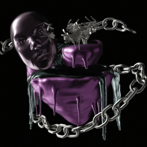 A digitally rendered image of dripping purple object with a metalic silver chain and a face