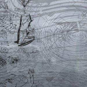 Drawings of Taniwhā and other sketches sit over a background of indeterminate black and white imagery