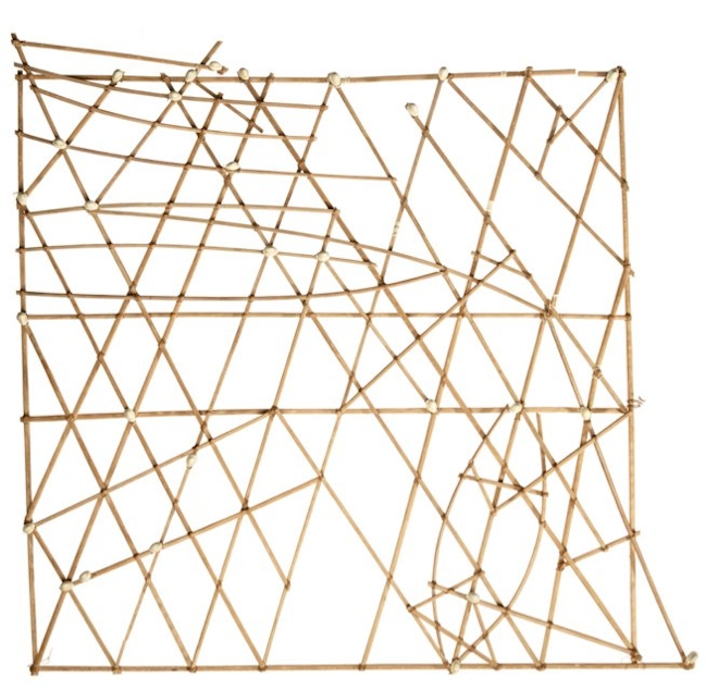 A chart composed of wooden sticks. Horizontal and vertical sticks tied together.