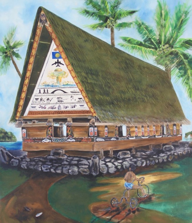 a traditional bai meetinghouse in Palau, but painted with Pepsi cans around the columns that are holding up the Bai. There’s a Jesus face at the very top representing Christianity, and there’s a big mushroom cloud in the middle of the white triangle representing nuclear testing in the Marshall Islands