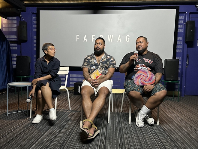 Three people answer questions in a cinema after a screening. They are seated. Two are member sof the queer Pasifika collective FAFSWAG, the third is host May Adadol Ingwanij.