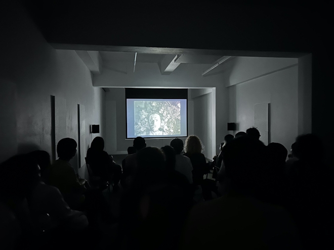 In a dark gallery an audience watch a film in which a person is staring out from the screen back at the audience.