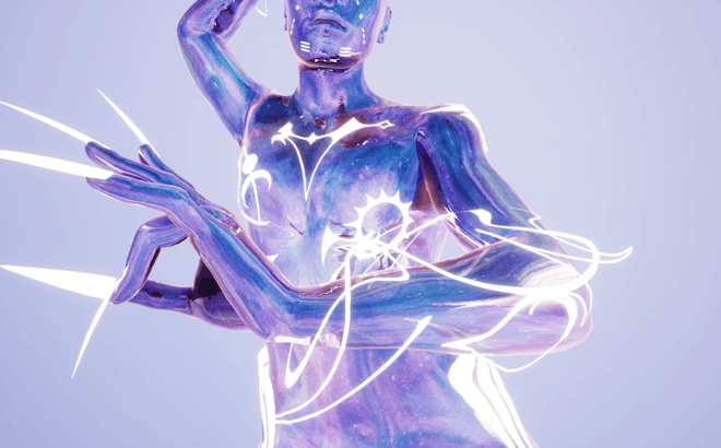 An animated blue body pulsing with light that extends from their fingertips