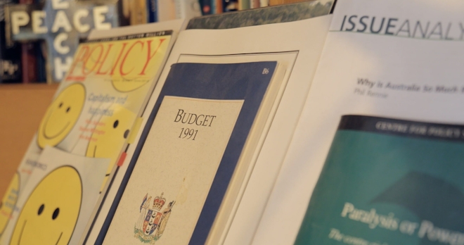 A bookshelf with a copy of Ruth Richardson's 1991 Budget