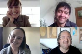 A montage of four speakers in a Zoom video conferencing call window. The speakers are, clockwise from left: Abby Cunnane, Robbie Handcock, Nigel Borell, Sophie Davis