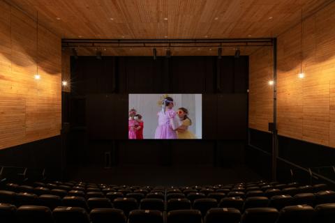 Marianna Simnett installation view of The Bird Game, showing a cinema with an image of children in costumes dancing in pairs. 