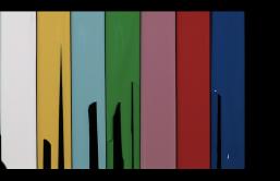 Eight vertical fields of paint sit next to each other. Each vertical field is the same size, but differently coloured. Some are incomplete. Placed alongside each other, the columns of paint resemble SMPTE colour bars, a standard measure for setting a television monitor to reproduce correct chrominance and luminance information.