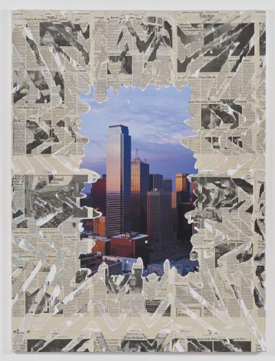 An artwork showing a photograph of a city scape surrounded by ripped newspaper
